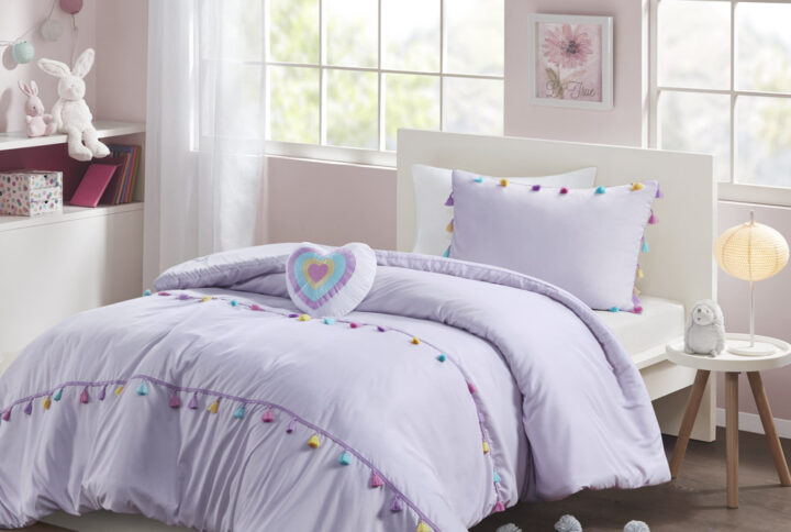 Tessa Tassel Comforter Set with Heart Shaped Throw Pillow in Lavender From Mi Zone Kids