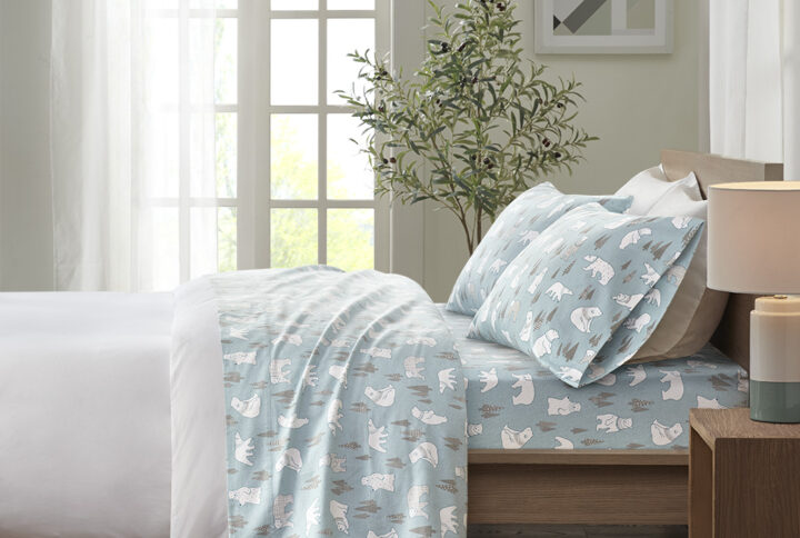 Cozy Flannel Printed Sheet Set in Blue Polar Bears From True North by Sleep Philosophy