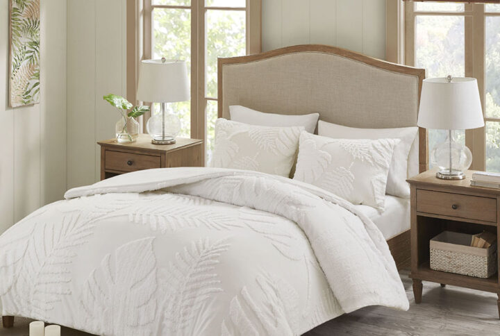 Bahari 3 Piece Tufted Cotton Chenille Palm Comforter Set in Off-White From Madison Park