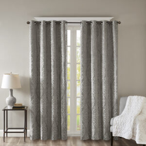 Mirage Knitted Jacquard Damask Total Blackout Grommet Top Curtain Panel in Charcoal From SunSmart