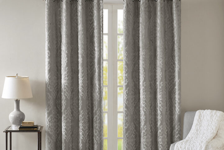 Mirage Knitted Jacquard Damask Total Blackout Grommet Top Curtain Panel in Charcoal From SunSmart