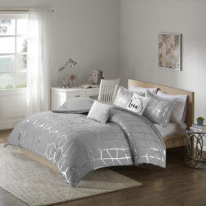 Raina Metallic Printed Comforter Set in Grey/Silver From Intelligent Design