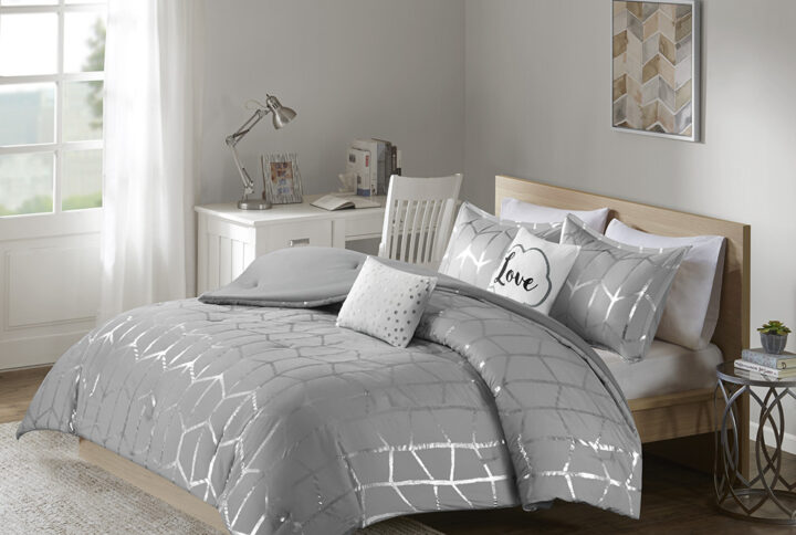 Raina Metallic Printed Comforter Set in Grey/Silver From Intelligent Design