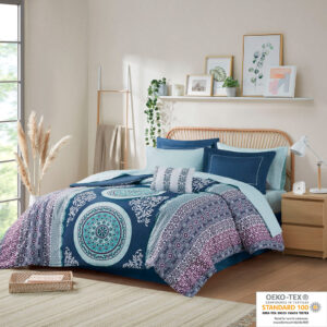 Loretta Boho Comforter Set with Bed Sheets in Navy From Intelligent Design