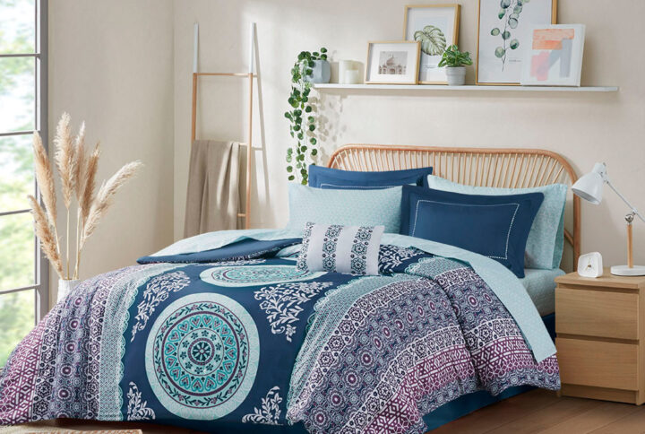 Loretta Boho Comforter Set with Bed Sheets in Navy From Intelligent Design