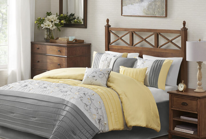 Serene Embroidered 7 Piece Comforter Set in Yellow From Madison Park