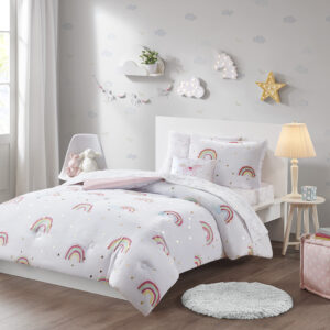 Alicia Rainbow and Metallic Stars Comforter Set with Bed Sheets in White From Mi Zone Kids