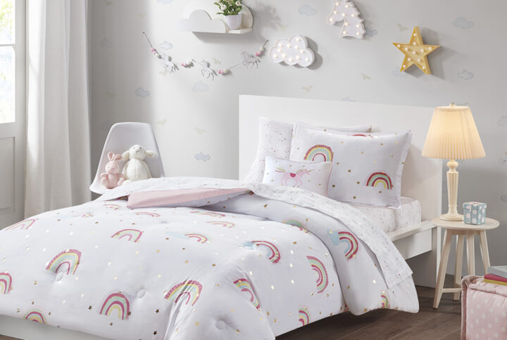 Alicia Rainbow and Metallic Stars Comforter Set with Bed Sheets in White From Mi Zone Kids