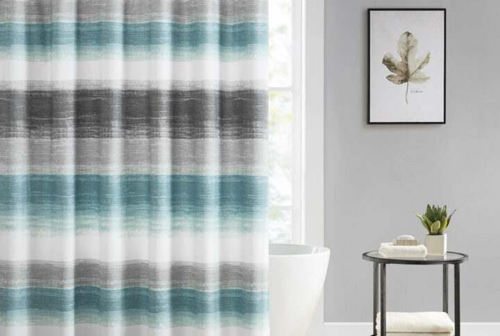 Saben Stripe Print Shower Curtain in Aqua/Grey From Madison Park Essentials