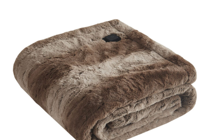 Zuri Faux Fur Heated Wrap with Built-in Controller in Tan From Beautyrest