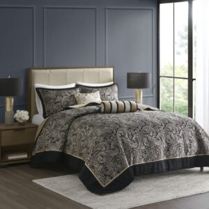 Aubrey 5 Piece Jacquard Bedspread Set with Throw Pillows in Black From Madison Park