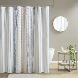 Imani Cotton Printed Shower Curtain with Chenille in White/Navy From INK+IVY