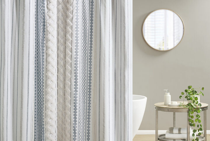 Imani Cotton Printed Shower Curtain with Chenille in White/Navy From INK+IVY