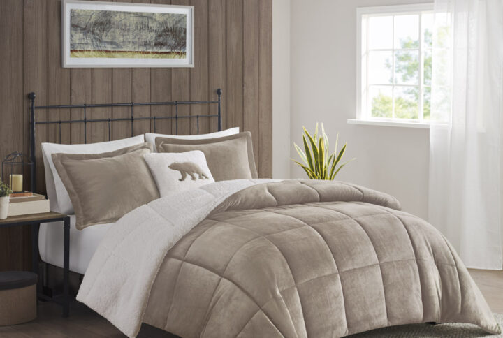 Alton Plush to Sherpa Down Alternative Comforter Set in Taupe/Ivory From Woolrich