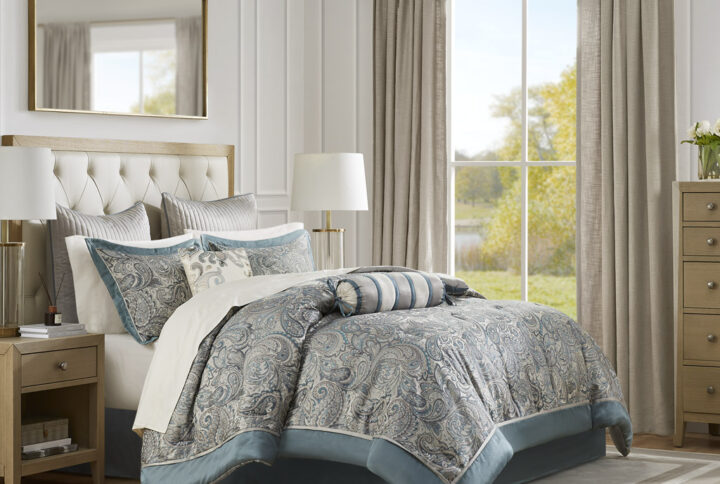 Aubrey 12 Piece Comforter Set with Cotton Bed Sheets in Teal From Madison Park