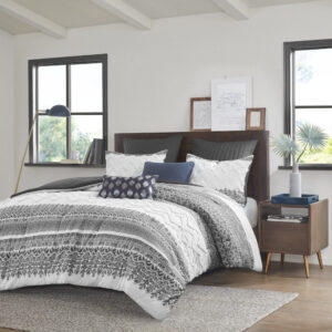 Mila 3 Piece Cotton Comforter Set with Chenille Tufting in Gray From INK+IVY