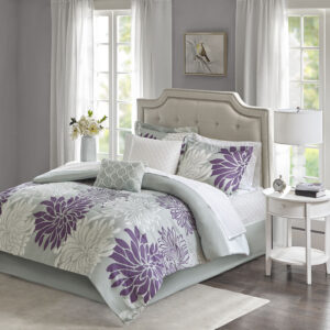 Maible 9 Piece Comforter Set with Cotton Bed Sheets in Purple From Madison Park Essentials