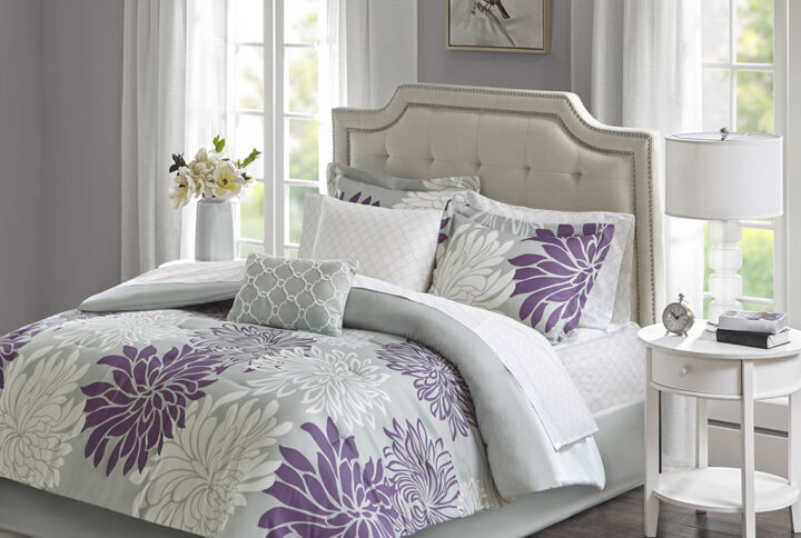 Maible 9 Piece Comforter Set with Cotton Bed Sheets in Purple From Madison Park Essentials