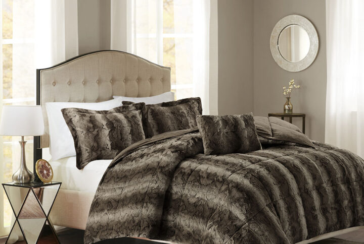 Zuri 4PC Faux Fur Comforter Set in Brown From Madison Park