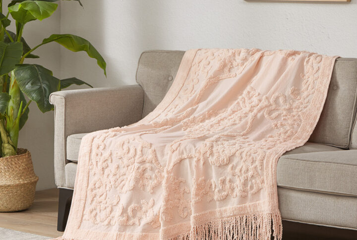 Chloe 100% Cotton Tufted Chenille Lightweight Throw With Fringe Tassel 50" x 60" in Blush From Madison Park