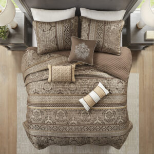 Bellagio 6 Piece Jacquard Quilt Set with Throw Pillows in Brown/Gold From Madison Park