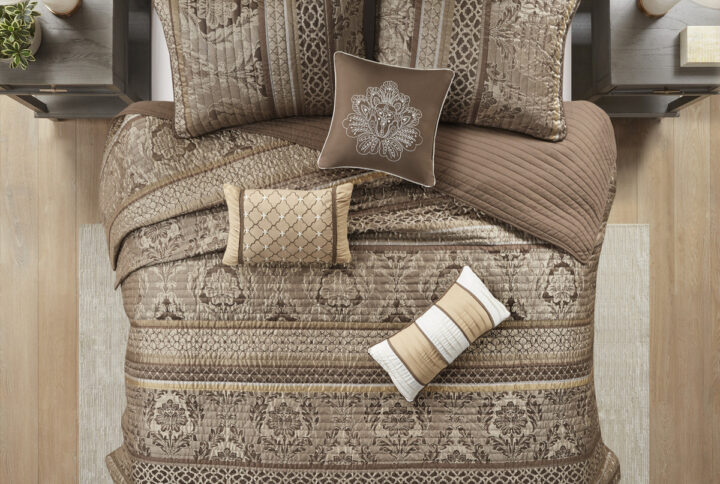 Bellagio 6 Piece Jacquard Quilt Set with Throw Pillows in Brown/Gold From Madison Park