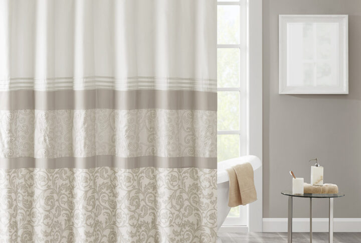 Ramsey Printed and Embroidered Shower Curtain in Neutral From 510 Design