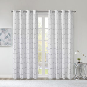 Raina Total Blackout Metallic Print Grommet Top Curtain Panel in White/Silver From Intelligent Design