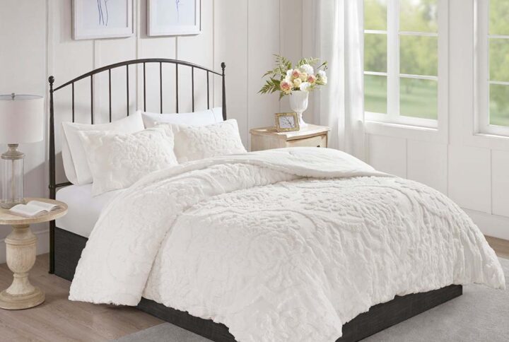 Viola 3 Piece Tufted Cotton Chenille Damask Comforter Set in Off-White From Madison Park