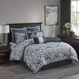 Odette 8 Piece Jacquard Comforter Set in Navy/Silver From Madison Park