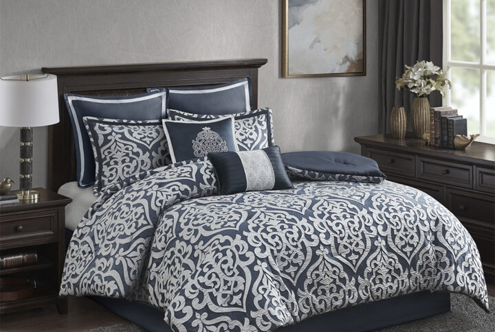 Odette 8 Piece Jacquard Comforter Set in Navy/Silver From Madison Park