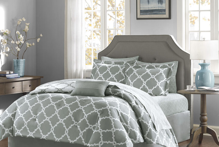 Merritt 9 Piece Comforter Set with Cotton Bed Sheets in Grey From Madison Park Essentials