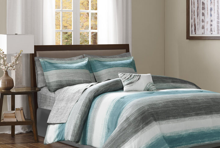 Saben 9 Piece Comforter Set with Cotton Bed Sheets in Aqua From Madison Park Essentials