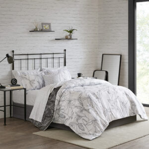 Lilia 9 Piece Reversible Comforter Set with Cotton Bed Sheets in White/ Charcoal From Madison Park Essentials