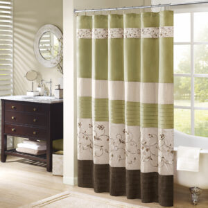 Serene Faux Silk Embroidered Floral Shower Curtain in Green From Madison Park