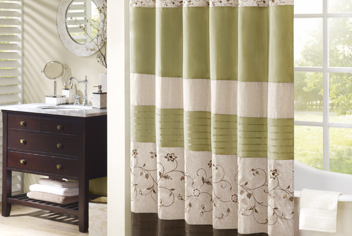 Serene Faux Silk Embroidered Floral Shower Curtain in Green From Madison Park