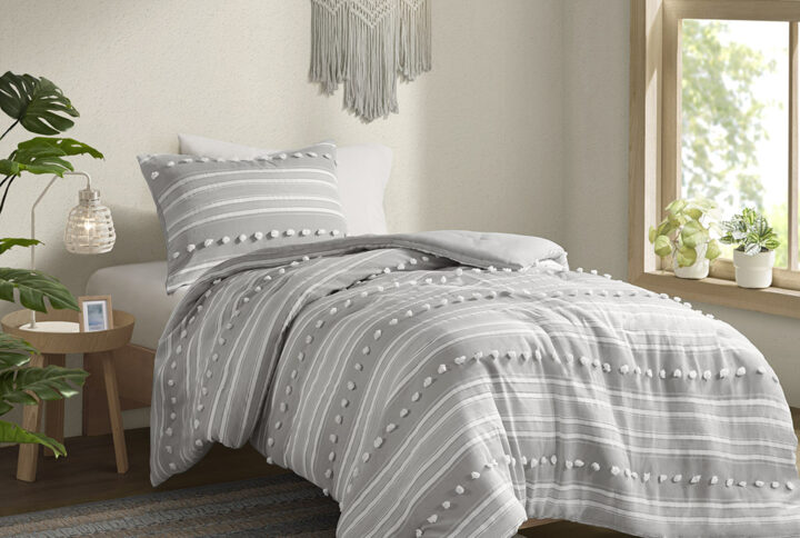 Rowan Striped Clipped Jacquard Comforter Set in Grey From Urban Habitat