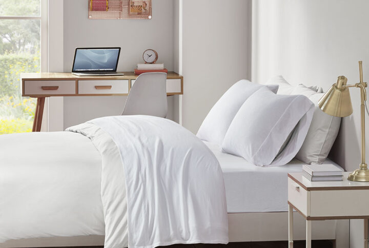 Cotton Blend Jersey Knit All Season Sheet Set in White From Intelligent Design