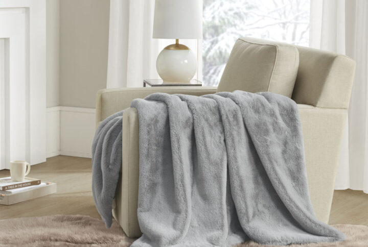 Bristol Solid Premium Faux Fur Throw in Grey From Madison Park