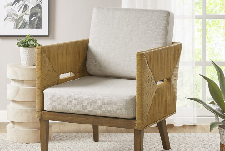 Blake Handcrafted Rattan Upholstered Accent Arm Chair in Natural From INK+IVY