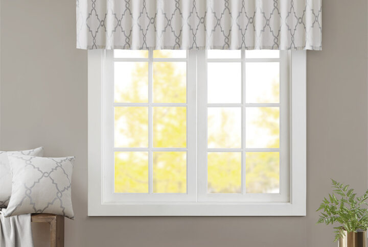 Saratoga Fretwork Print Grommet Top Window Valance in Ivory/Grey From Madison Park