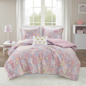 Rosalie Metallic Printed Plush Comforter Set with Throw Pillow in Pink Multi/Gold From Mi Zone