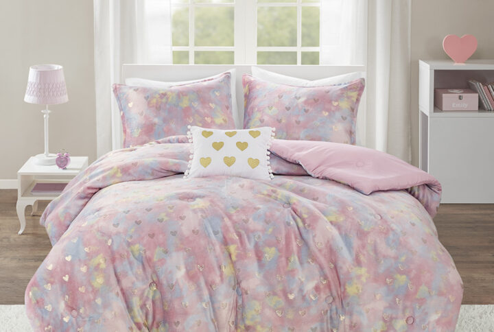 Rosalie Metallic Printed Plush Comforter Set with Throw Pillow in Pink Multi/Gold From Mi Zone