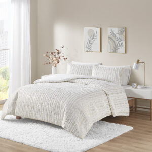 Naomi Metallic Print Faux Fur Duvet Cover Set in White/Gold From Intelligent Design