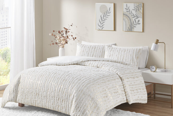 Naomi Metallic Print Faux Fur Duvet Cover Set in White/Gold From Intelligent Design