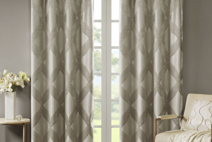 Bentley Ogee Knitted Jacquard Total Blackout Curtain Panel in Taupe From SunSmart