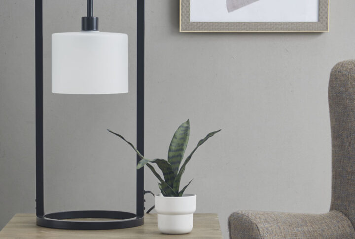 Kittery Metal Table Lamp with Glass Drum Shade in Black Base/Frosted Shade From INK+IVY