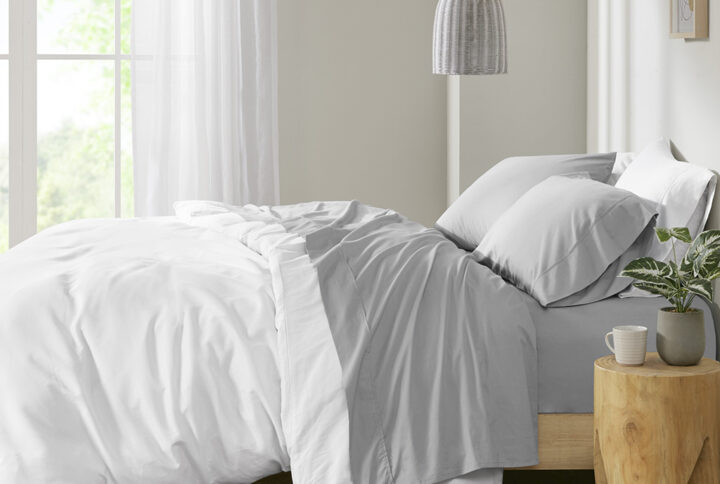 Peached Percale 200 Thread Count Relaxed Cotton Percale Sheet Set in Grey From Madison Park