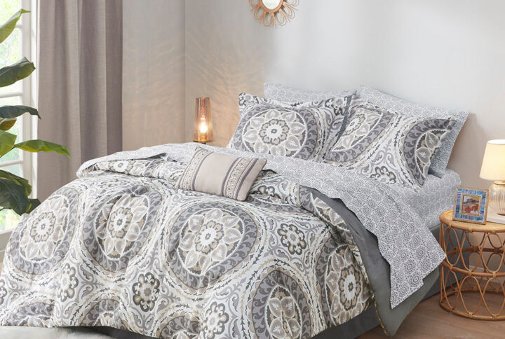 Serenity 9 Piece Comforter Set with Cotton Bed Sheets in Taupe From Madison Park Essentials