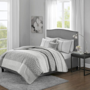 Bennett 4 Piece Jacquard Quilt Set with Throw Pillow in Grey From Madison Park